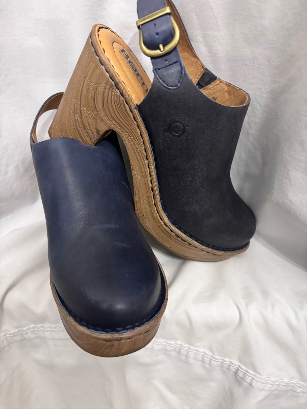 Born Navy Leather Slingback Clog Sandals with Wood-Effect Platform